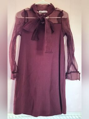 ZARA Plum Tie-Neck Long Sleeve Dress